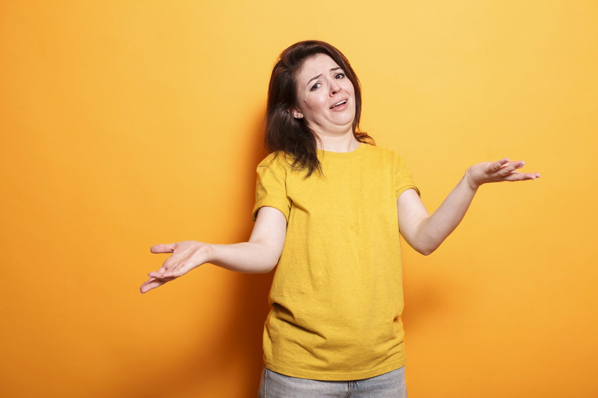 Woman standing with clueless expression didn't know